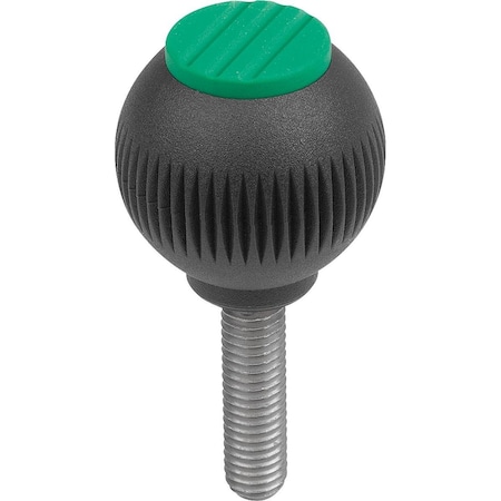 Spherical Knob Size:1, D1=25 D=M06X15, Plastic Black Ral7021, Comp:Stainless, Cap:Green Ral6032